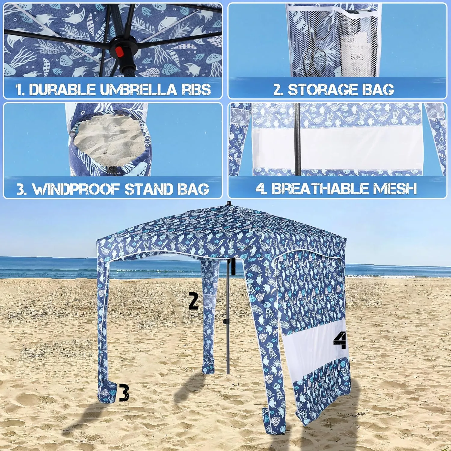 UPWELL Beach Tent Easy Set Up Canopy Sun Shelter Cool Cabana Shade with UPF 50 UV Protection Portable Beach Umbrella Outdoor Sunwall with Sand Pockets for Fishing Backyard Camping (Tropical Ocean)