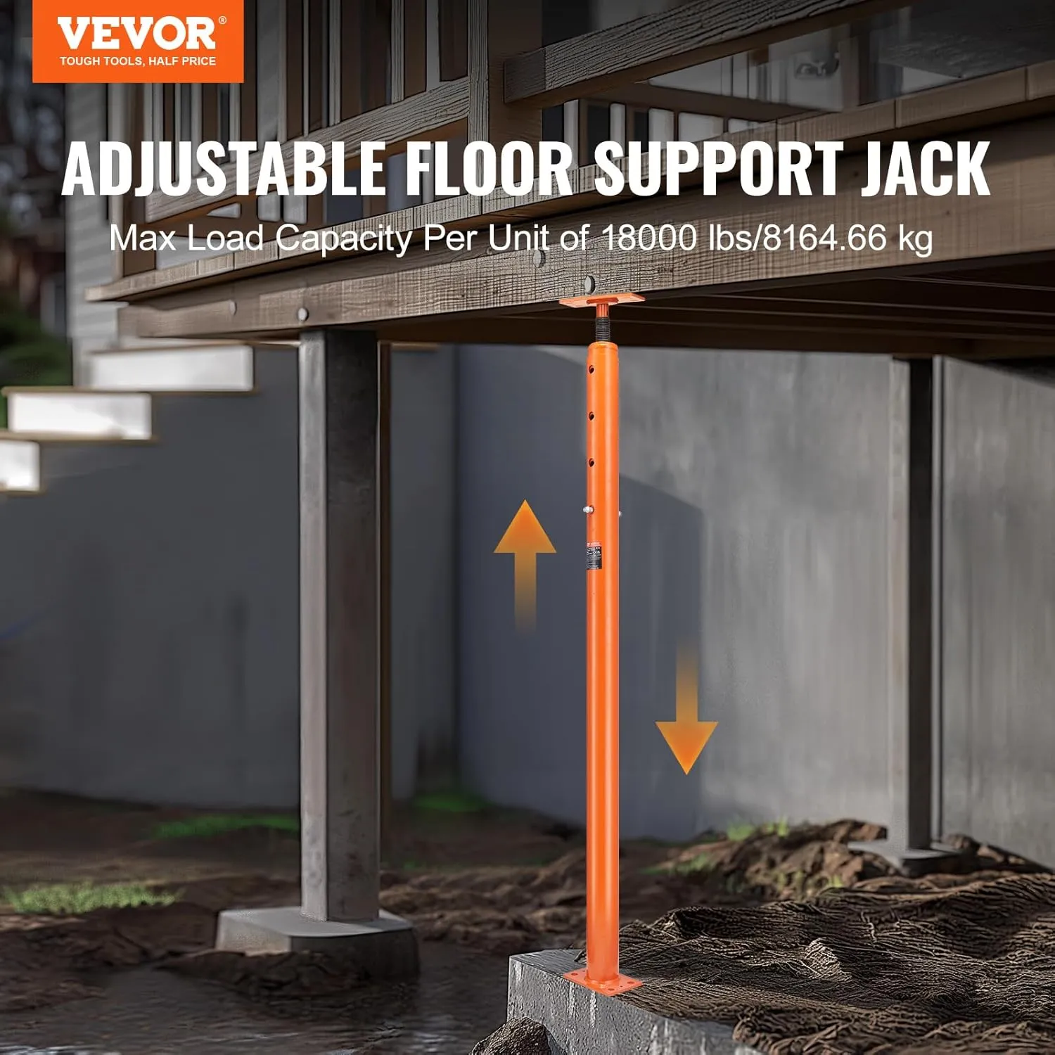 VEVOR House Floor Jack, 53"-93" Height Range, 18000 lbs Max Load Capacity, Adjustable Support Beam Basement Jack Post Pole for Leveling, Lift Support Steel Telescoping Jack Post for Temporary Support