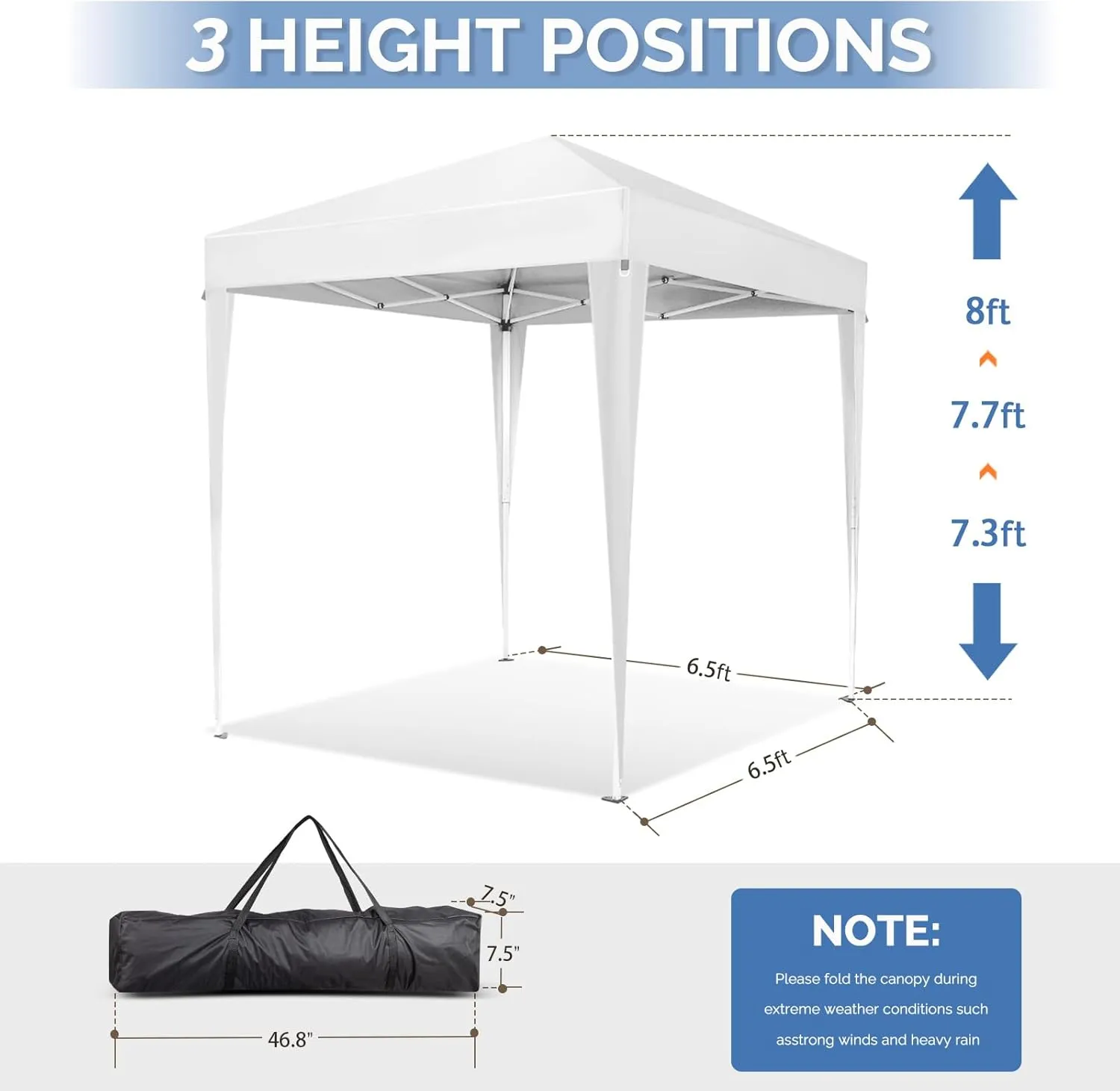 VINGLI 6.5x6.5 Pop Up Canopy Tent, Outdoor Foldable Portable Canopy for Camping, Patio, Parties, EZ Up Gazebo with Carry Bag (White)