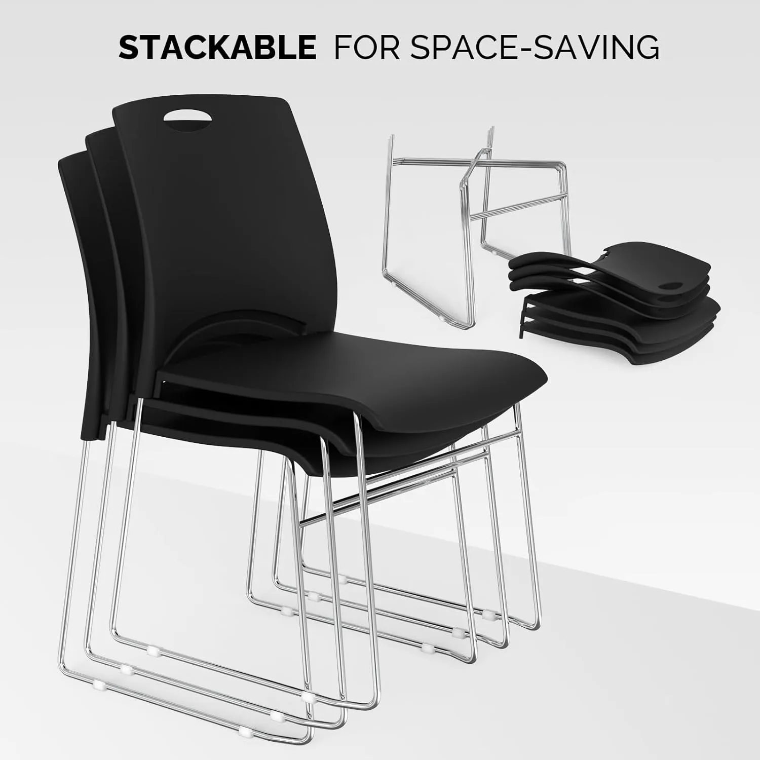 VINGLI Stacking Chairs Set of 4 Stackable Office Chairs with Metal Sled Base, Ergonomic Plastic Seat, Stacking Chairs for Waiting Room Break Room Banquet Guest, Black