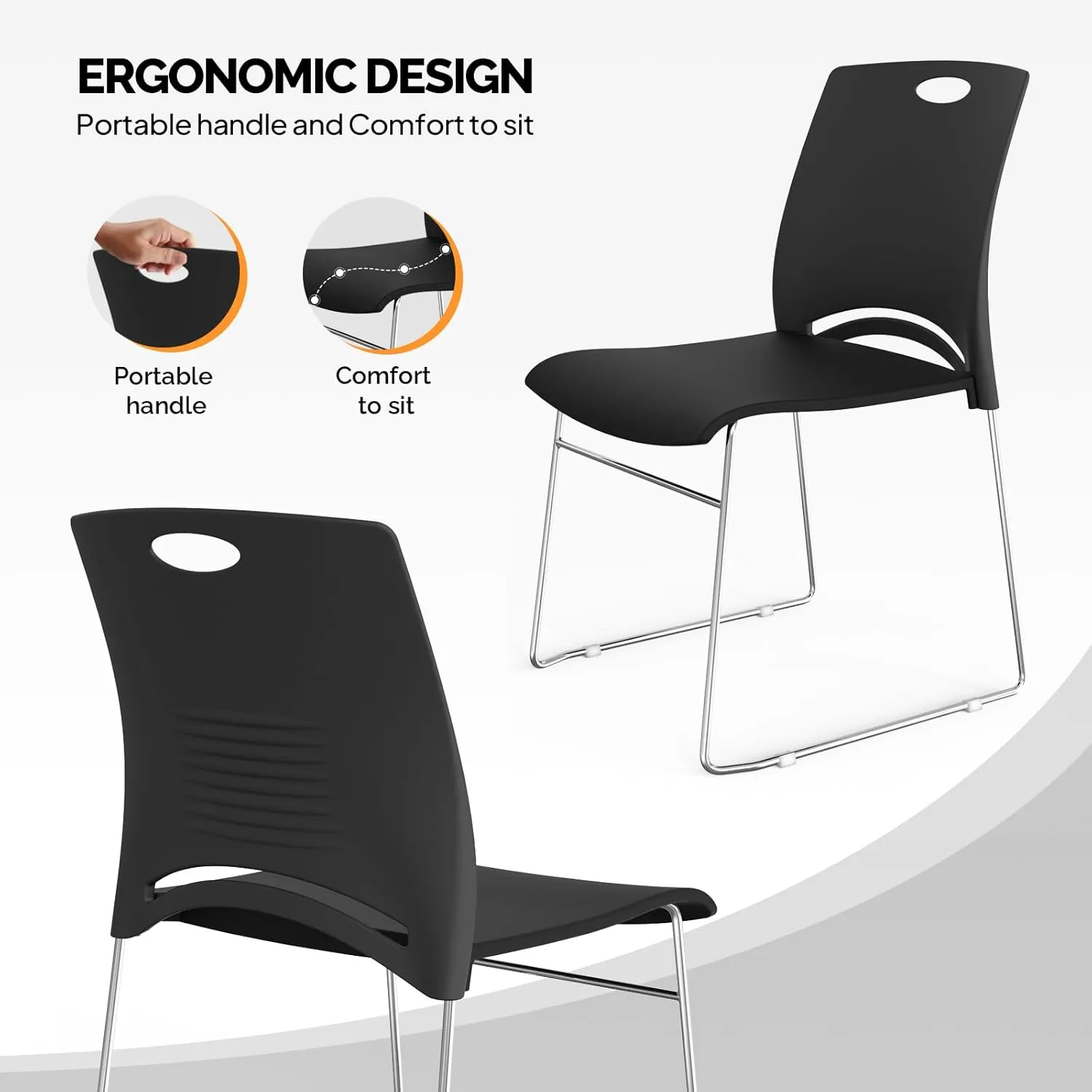 VINGLI Stacking Chairs Set of 4 Stackable Office Chairs with Metal Sled Base, Ergonomic Plastic Seat, Stacking Chairs for Waiting Room Break Room Banquet Guest, Black