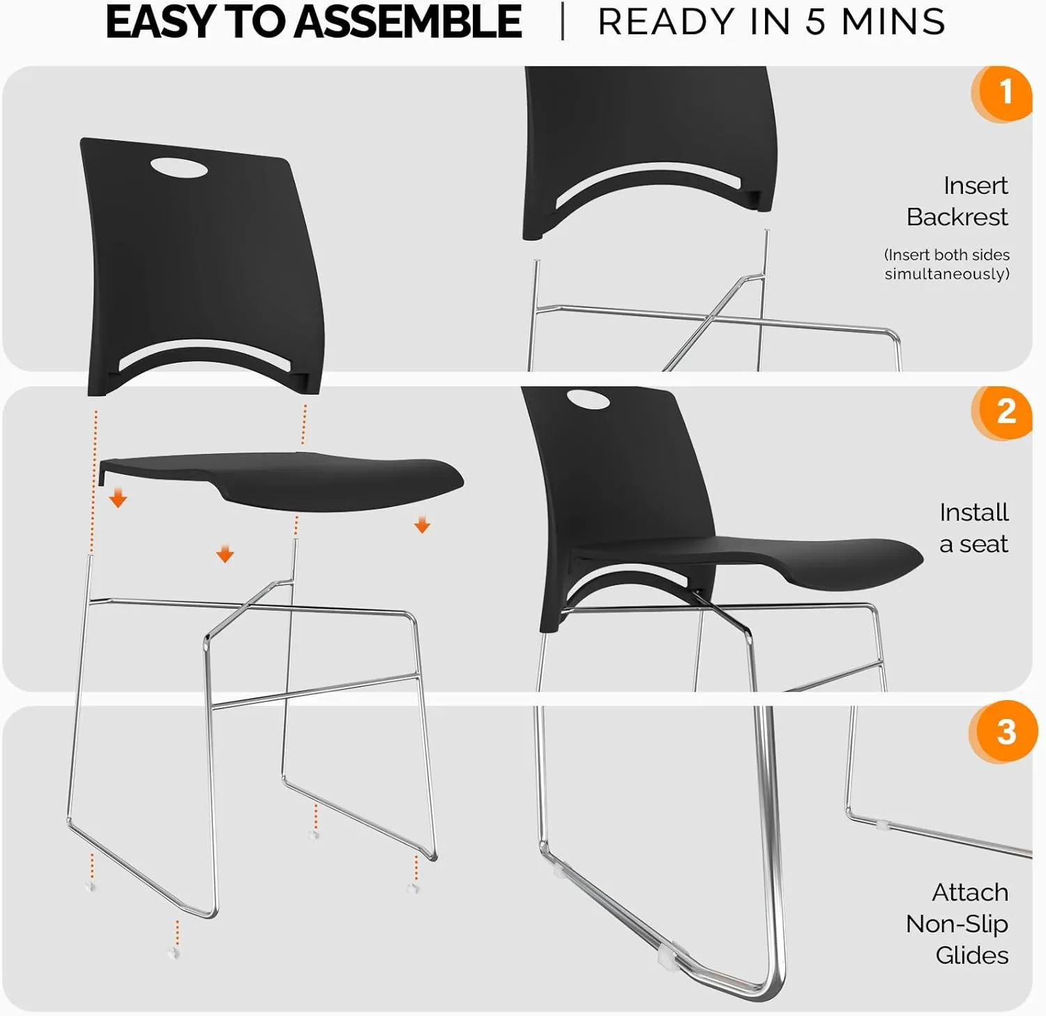 VINGLI Stacking Chairs Set of 4 Stackable Office Chairs with Metal Sled Base, Ergonomic Plastic Seat, Stacking Chairs for Waiting Room Break Room Banquet Guest, Black