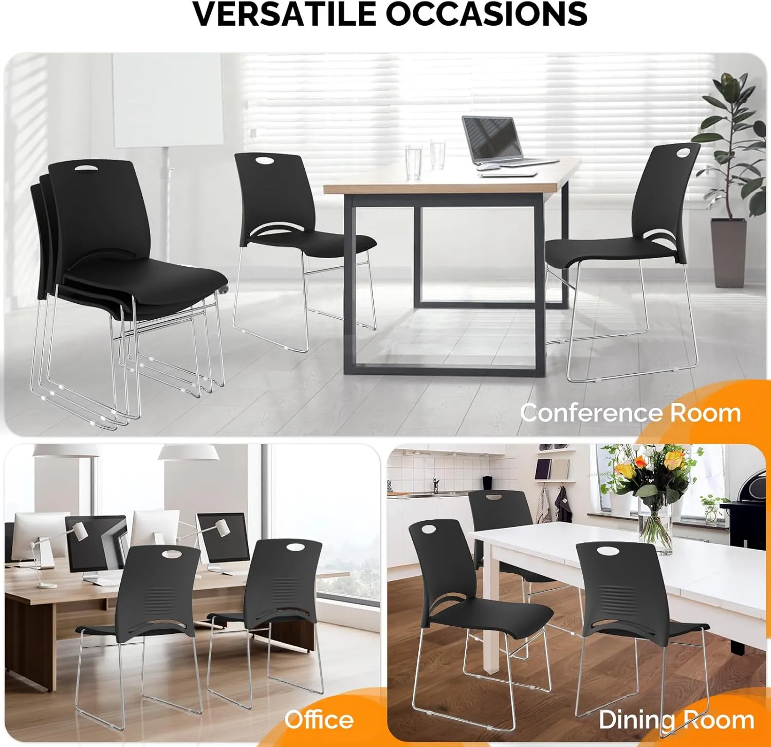 VINGLI Stacking Chairs Set of 4 Stackable Office Chairs with Metal Sled Base, Ergonomic Plastic Seat, Stacking Chairs for Waiting Room Break Room Banquet Guest, Black