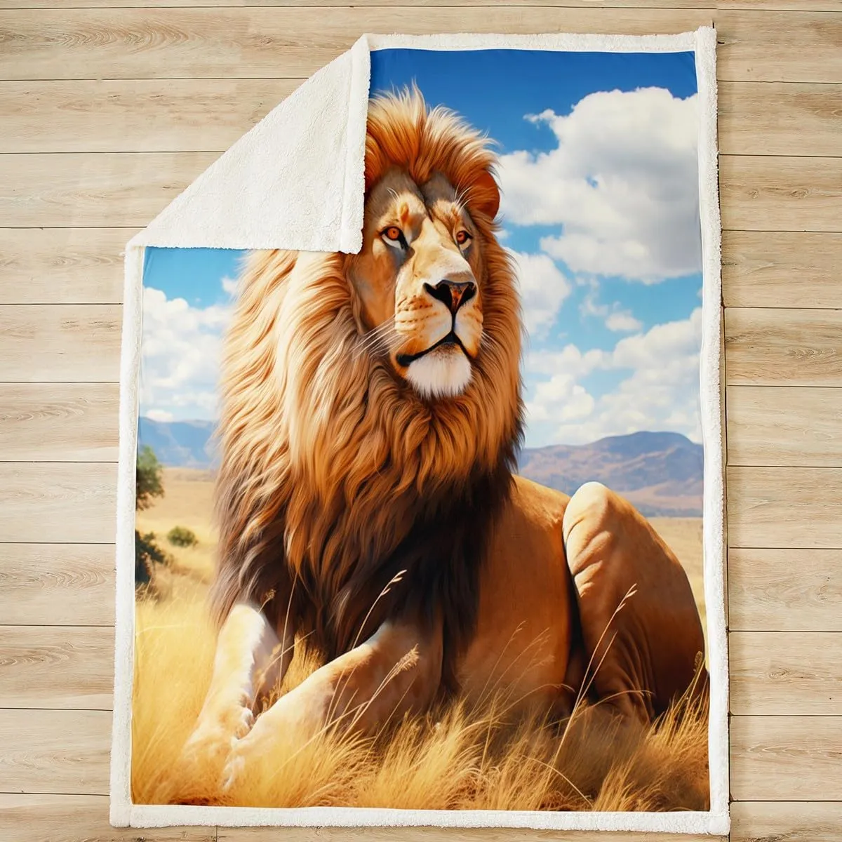 Vivid Lion Throw Blanket,Prairie Scenery Blue Sky Bed Blanket Kids Teens Boys Men Home Room Decor,Fierce Wildlife Fuzzy Blanket,Tropical African Animal Fleece Blanket,for Chair/Sofa,30"×40"
