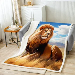 Vivid Lion Throw Blanket,Prairie Scenery Blue Sky Bed Blanket Kids Teens Boys Men Home Room Decor,Fierce Wildlife Fuzzy Blanket,Tropical African Animal Fleece Blanket,for Chair/Sofa,30"×40"