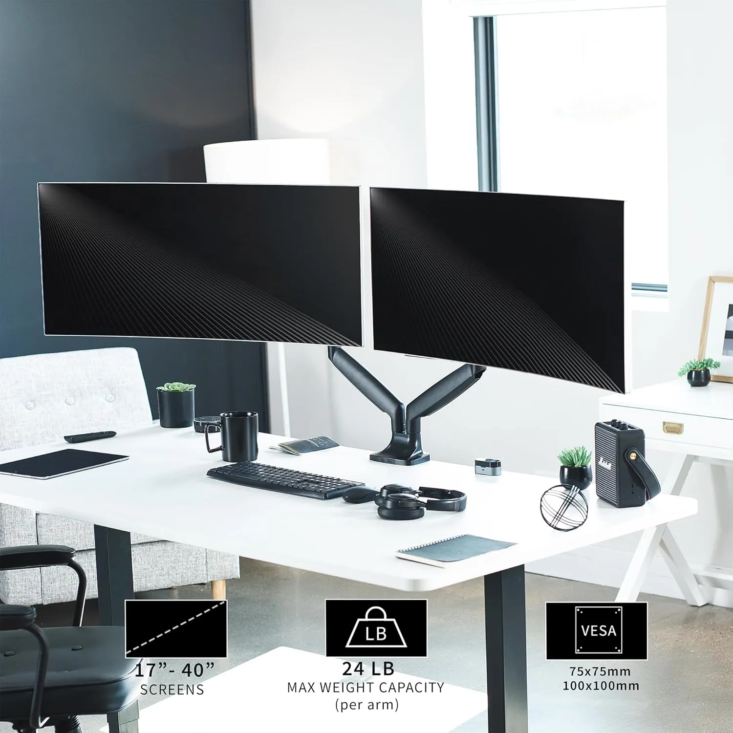 VIVO Premium Aluminum Heavy Duty Dual Monitor Arm for Ultrawide Monitors up to 40 inches and 24 lbs Each, Desk Mount Stand, Pneumatic Height, Max VESA 100x100, Black, STAND-V202Q