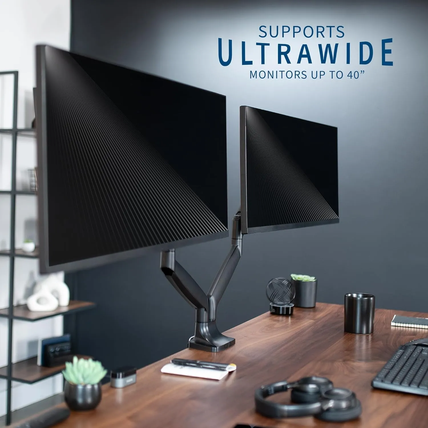 VIVO Premium Aluminum Heavy Duty Dual Monitor Arm for Ultrawide Monitors up to 40 inches and 24 lbs Each, Desk Mount Stand, Pneumatic Height, Max VESA 100x100, Black, STAND-V202Q