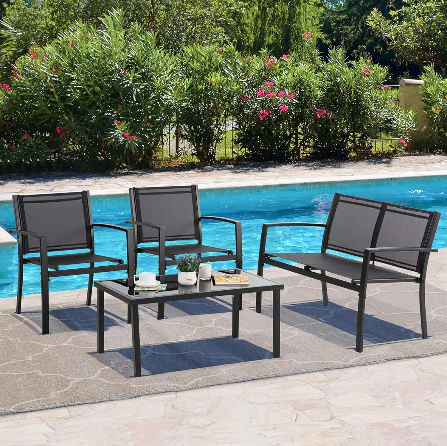Vongrasig 4 Piece Outdoor Patio Furniture Sets, Modern Textilene Bistro Set Patio with Loveseat and Glass Tea Table, Conversation Set with for Lawn Balcony(Black