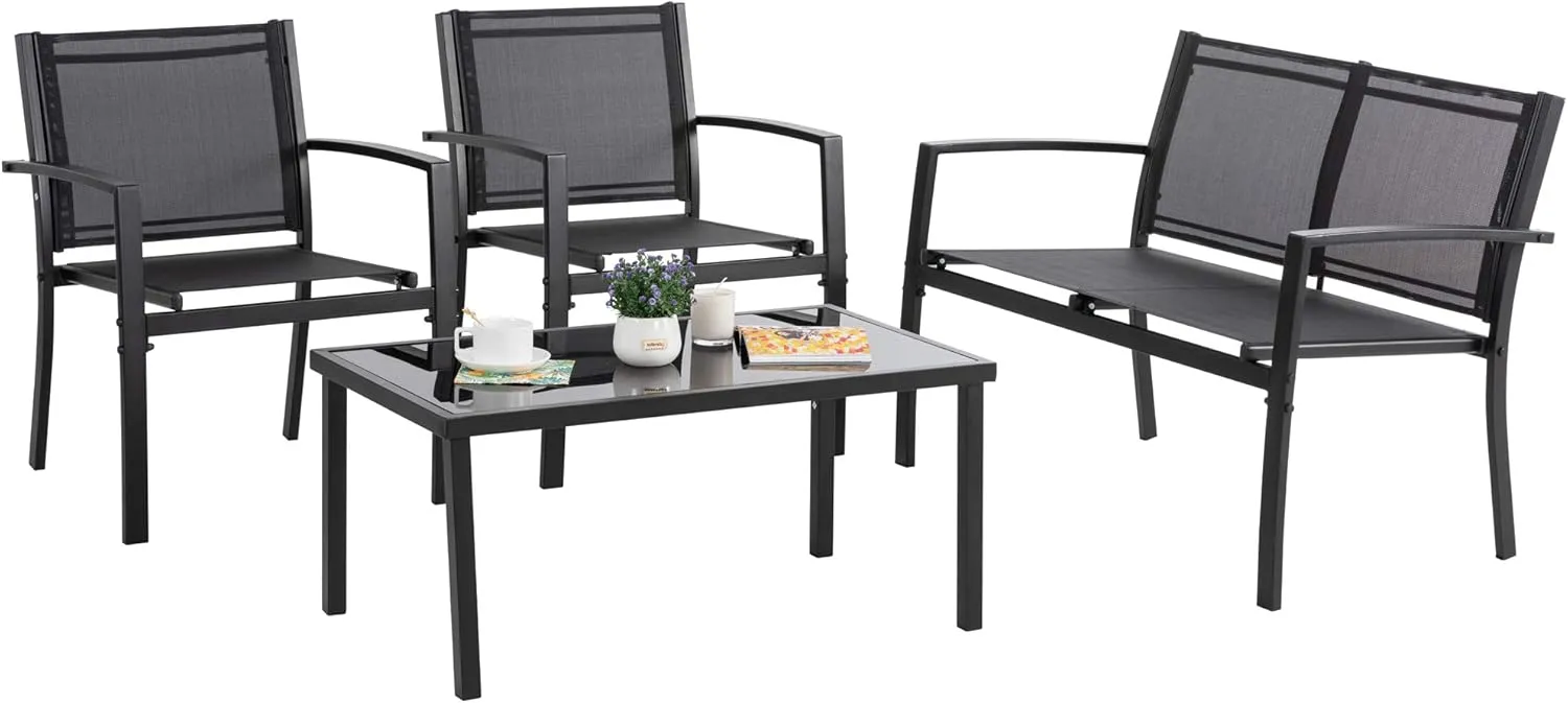Vongrasig 4 Piece Outdoor Patio Furniture Sets, Modern Textilene Bistro Set Patio with Loveseat and Glass Tea Table, Conversation Set with for Lawn Balcony(Black
