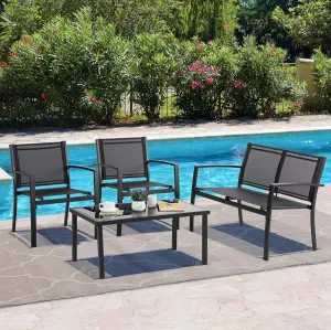 Vongrasig 4 Piece Outdoor Patio Furniture Sets, Modern Textilene Bistro Set Patio with Loveseat and Glass Tea Table, Conversation Set with for Lawn Balcony(Black