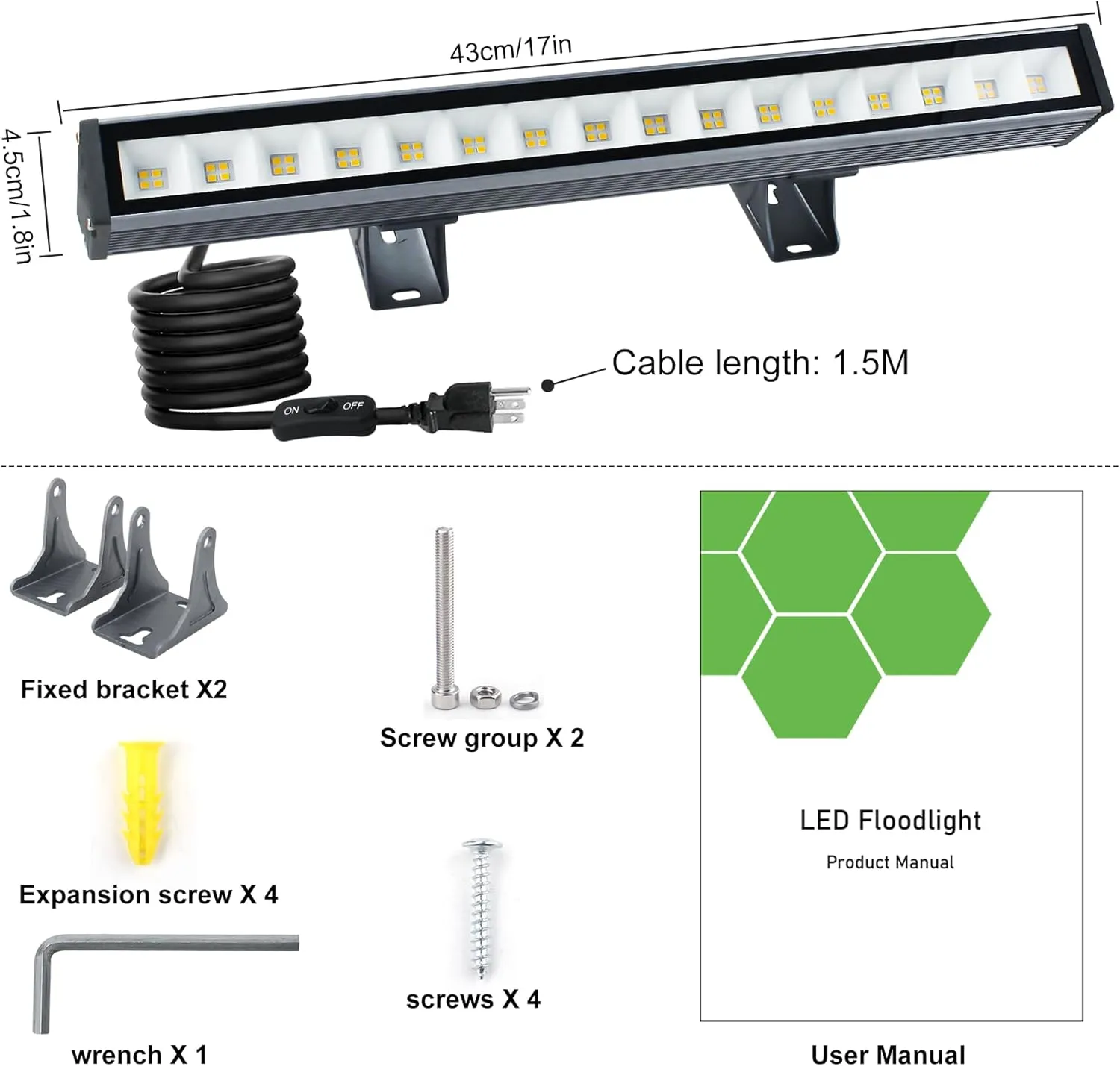 Warm White Wall Washer Light 17 Inch 2 Pack, 3000K Patio Flood Light 48W, IP66 Outdoor Bar Light for Landscape, Church, Yard, Garden, Building