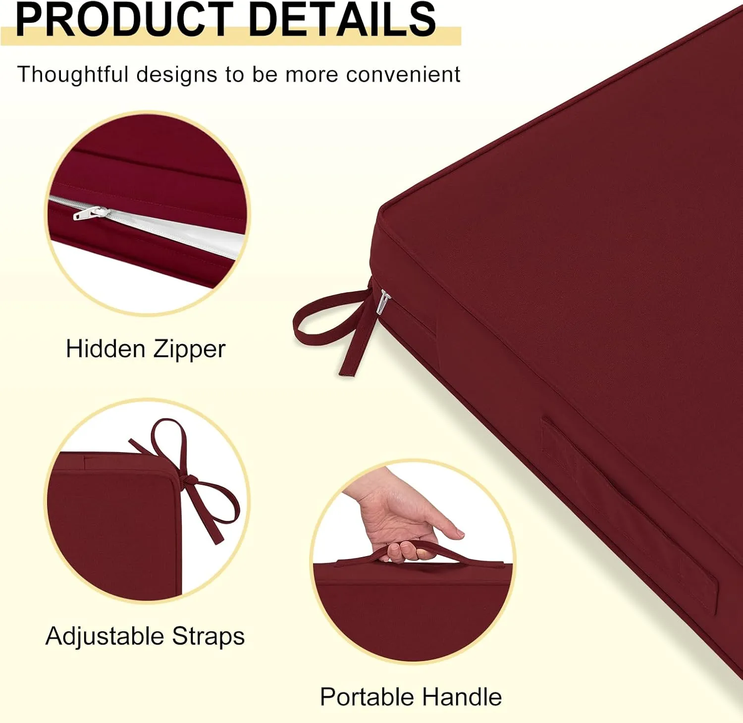 Waterproof Outdoor Chair Cushions 24x24, Outdoor Cushions for Patio Furniture with Removable Cover, Outdoor Deep Seat Patio Cushion Set with Backrest for Sofa, Couch and Patio Chairs, Burgundy
