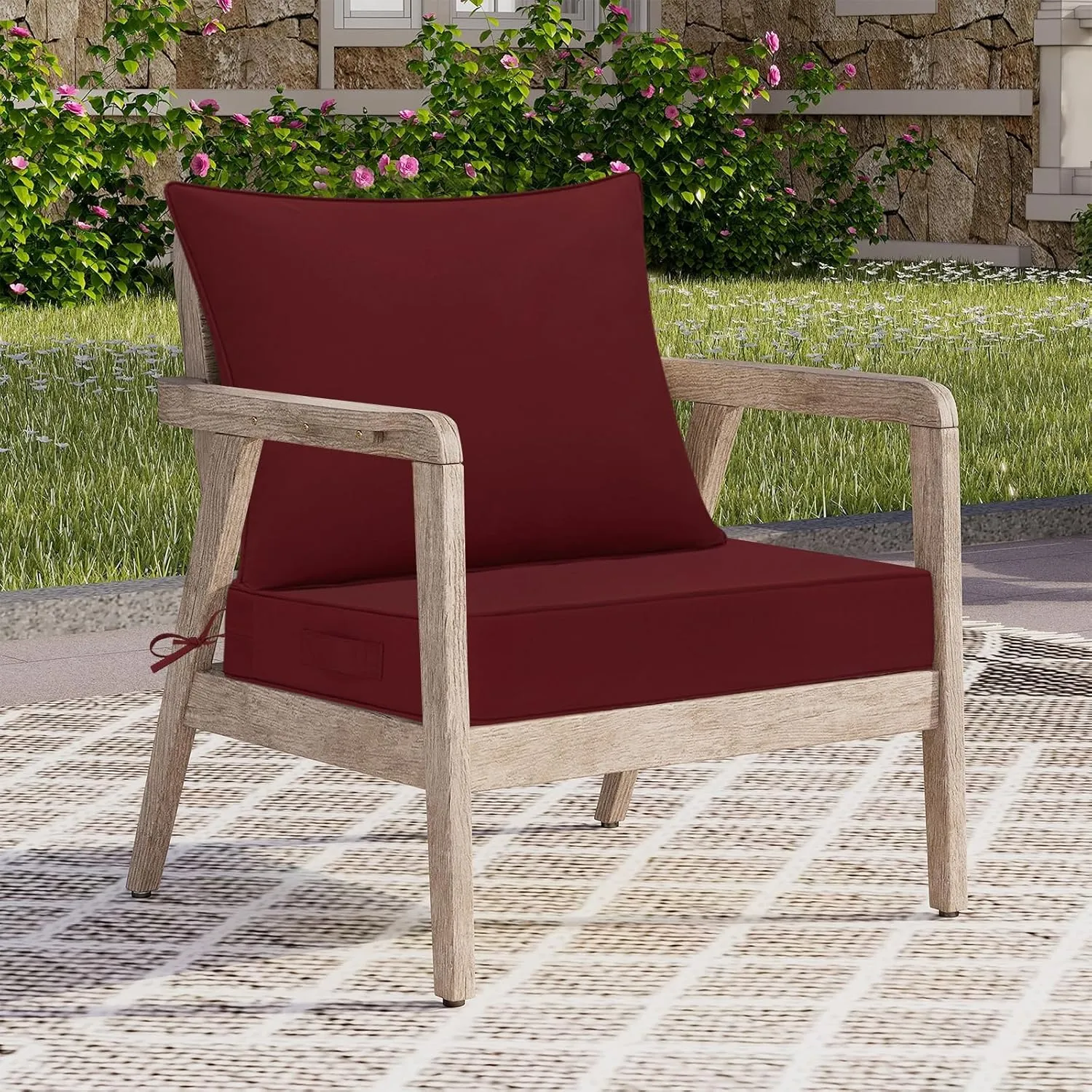 Waterproof Outdoor Chair Cushions 24x24, Outdoor Cushions for Patio Furniture with Removable Cover, Outdoor Deep Seat Patio Cushion Set with Backrest for Sofa, Couch and Patio Chairs, Burgundy