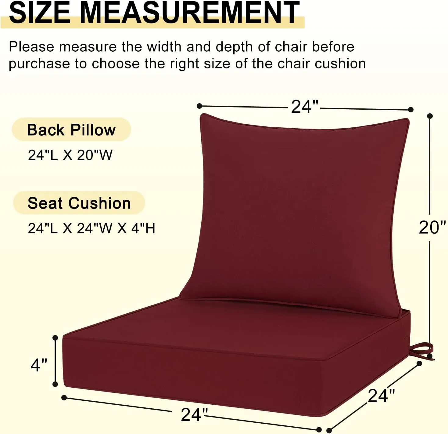 Waterproof Outdoor Chair Cushions 24x24, Outdoor Cushions for Patio Furniture with Removable Cover, Outdoor Deep Seat Patio Cushion Set with Backrest for Sofa, Couch and Patio Chairs, Burgundy