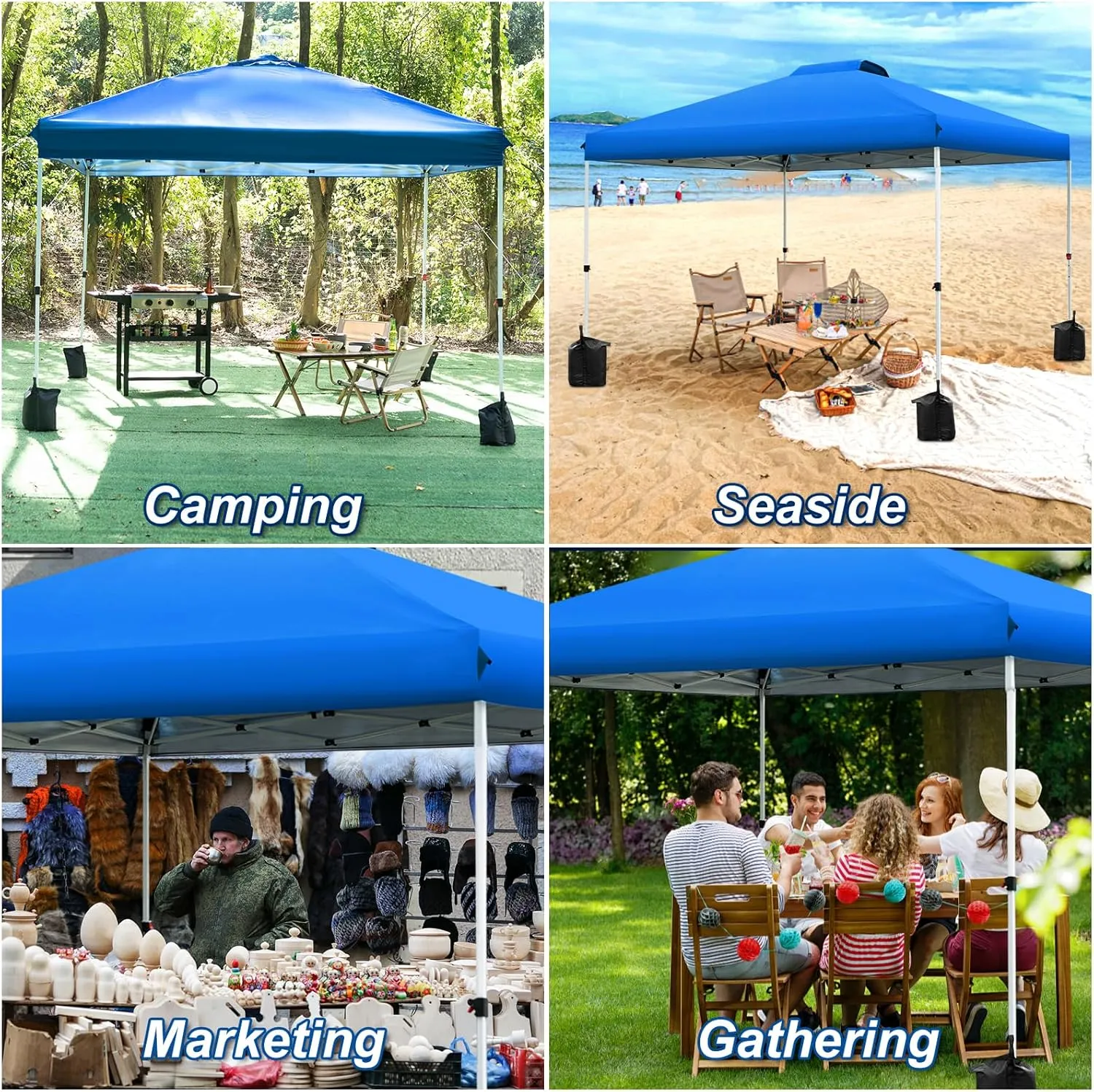 WEIZE Pop up Canopy Tent 10x10ft, 1-Button Push Setup, Instant Portable Shelter, Adjustable Height, Portable Roller Bag, 4 Weight Bags, Guy Ropes & Stakes Included Blue