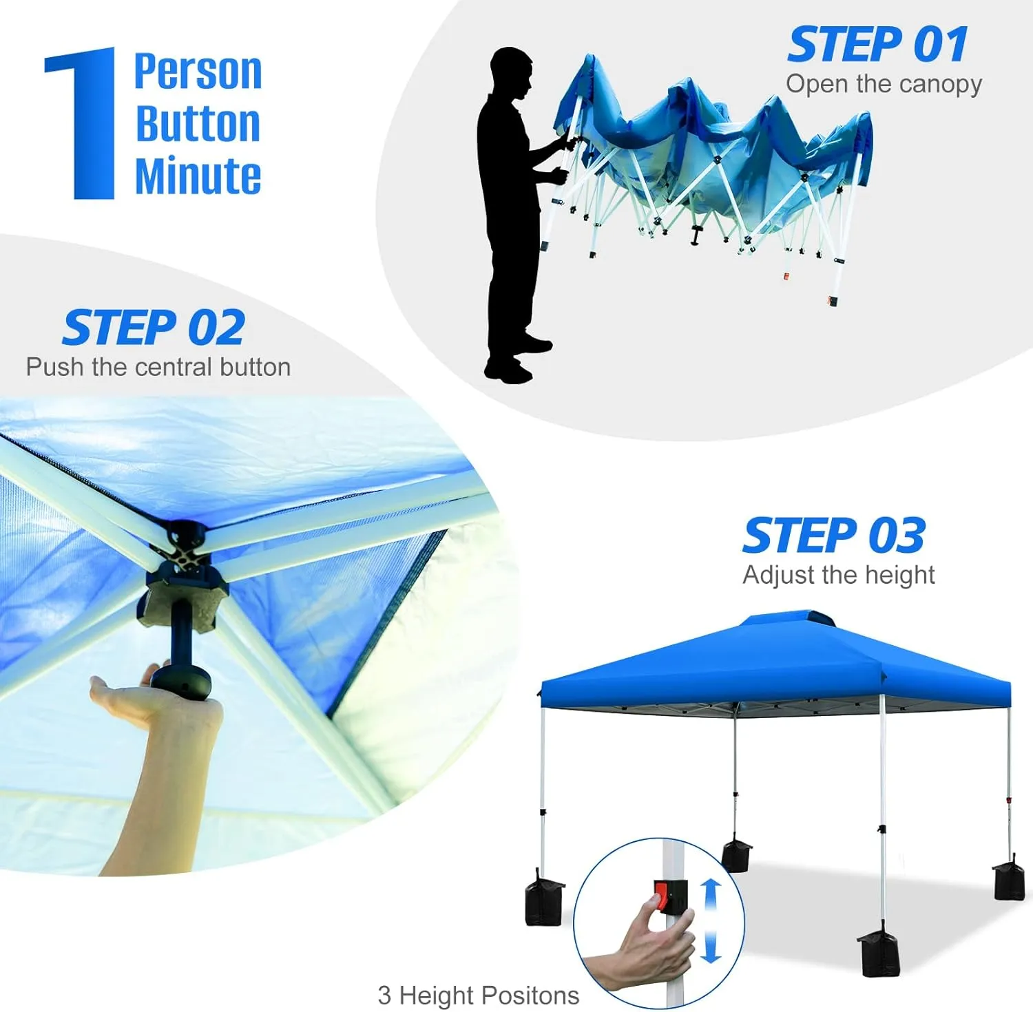 WEIZE Pop up Canopy Tent 10x10ft, 1-Button Push Setup, Instant Portable Shelter, Adjustable Height, Portable Roller Bag, 4 Weight Bags, Guy Ropes & Stakes Included Blue