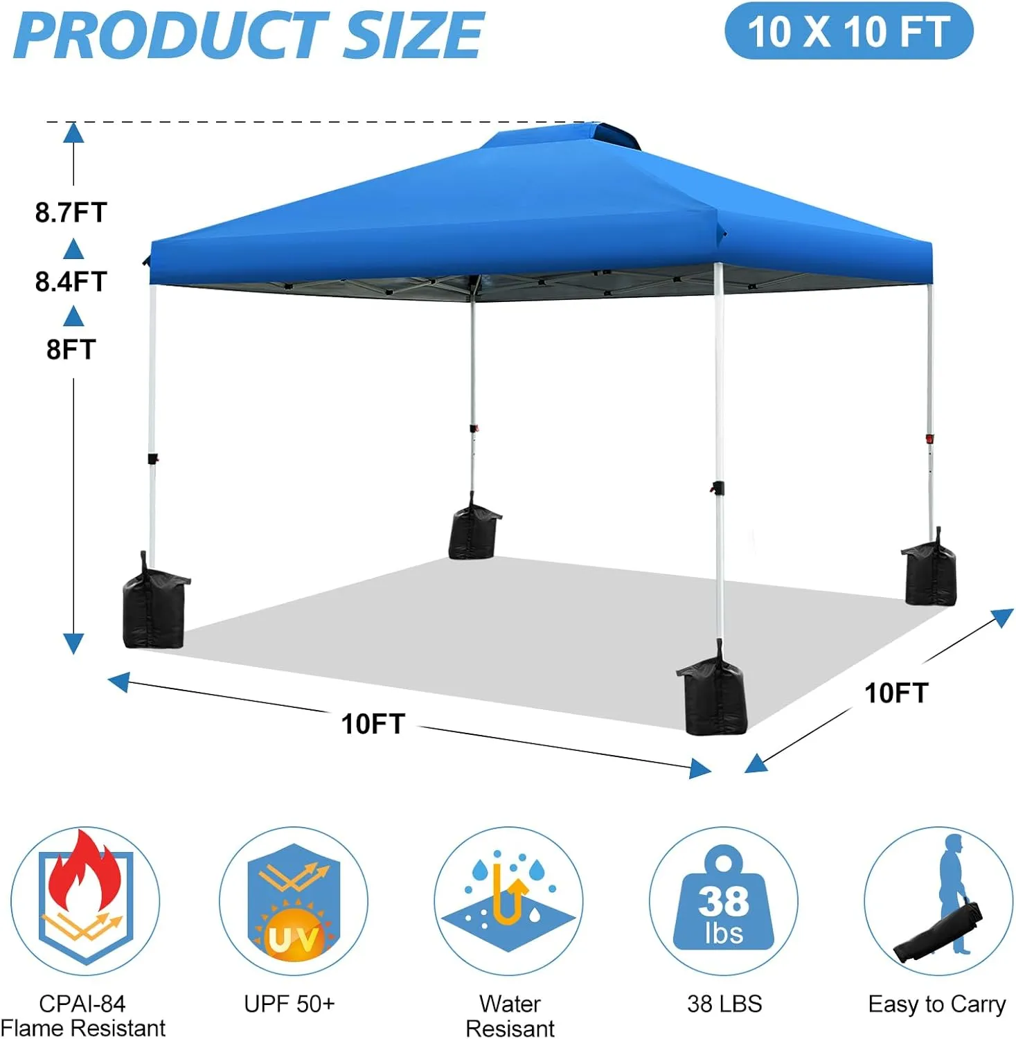 WEIZE Pop up Canopy Tent 10x10ft, 1-Button Push Setup, Instant Portable Shelter, Adjustable Height, Portable Roller Bag, 4 Weight Bags, Guy Ropes & Stakes Included Blue