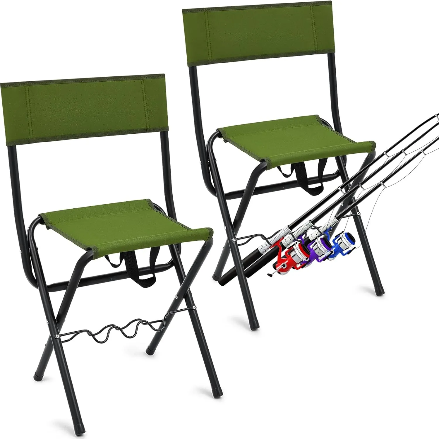 Wenqik 2 Pcs Summer Folding Fishing Chair with Rod Holder Hunting Camping Chairs for Adults Outdoor Portable Folding Chair for Men Women Ice Fishing Lawn Patio Garden Beach Gifts(Green)