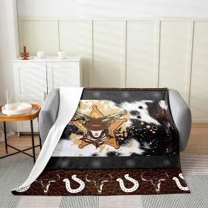 Western Cowboy Throw Blankets,Tribal Texas Star Horseshoe Bull Skull Flannel Blanket for Room Decor,Retro Brown Leather Cowhide Print Fleece Blanket,All Seasons Super Soft,Queen 90"x90"