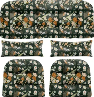 Wicker Chair Cushions of 5 Pieces, Waterproof Outdoor Loveseat Cushion for Wicker Furniture, 1 Love Seat Cushion, 2 U-Shape and 2 Lumbar Pillows for Patio Furniture (Green Flower)