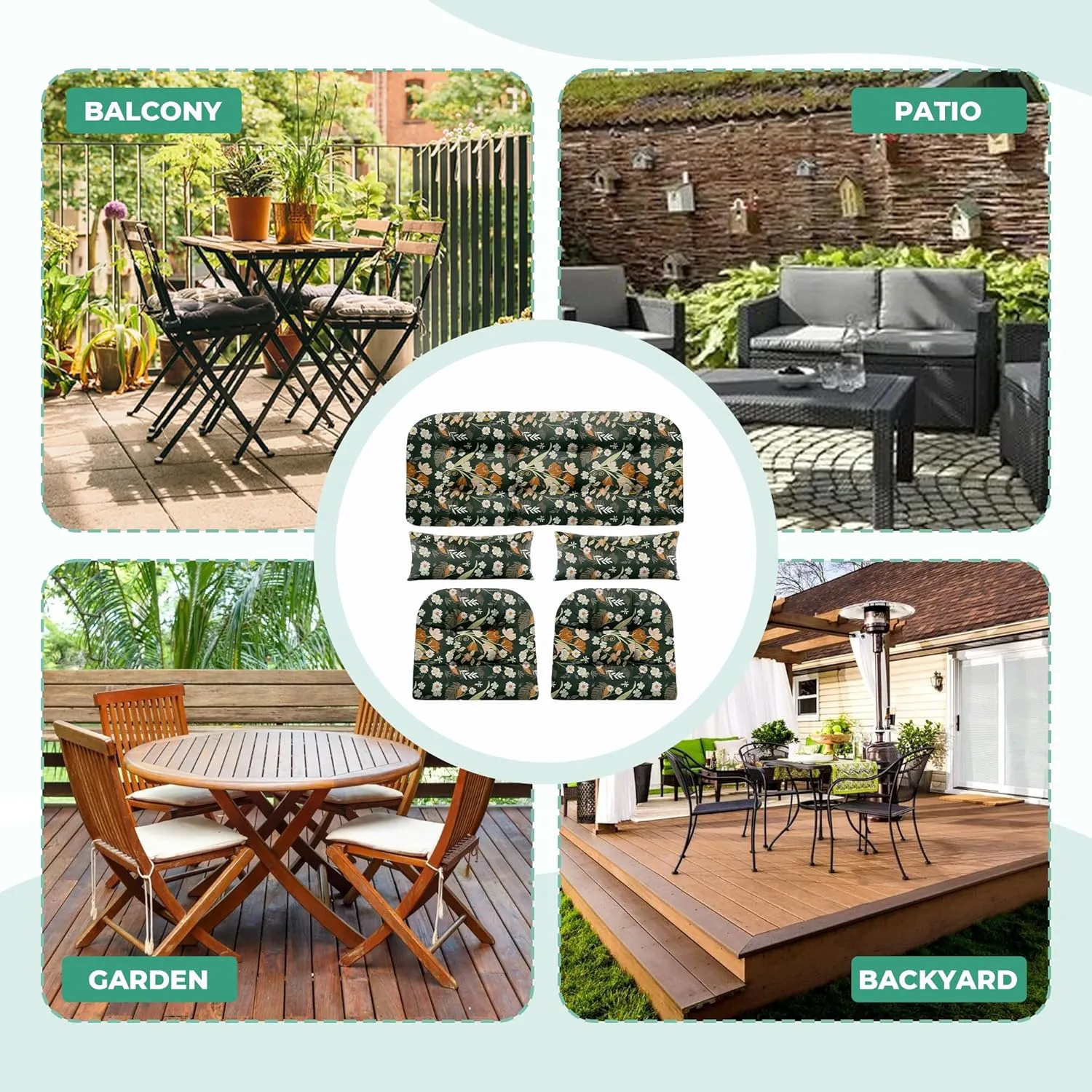 Wicker Chair Cushions of 5 Pieces, Waterproof Outdoor Loveseat Cushion for Wicker Furniture, 1 Love Seat Cushion, 2 U-Shape and 2 Lumbar Pillows for Patio Furniture (Green Flower)