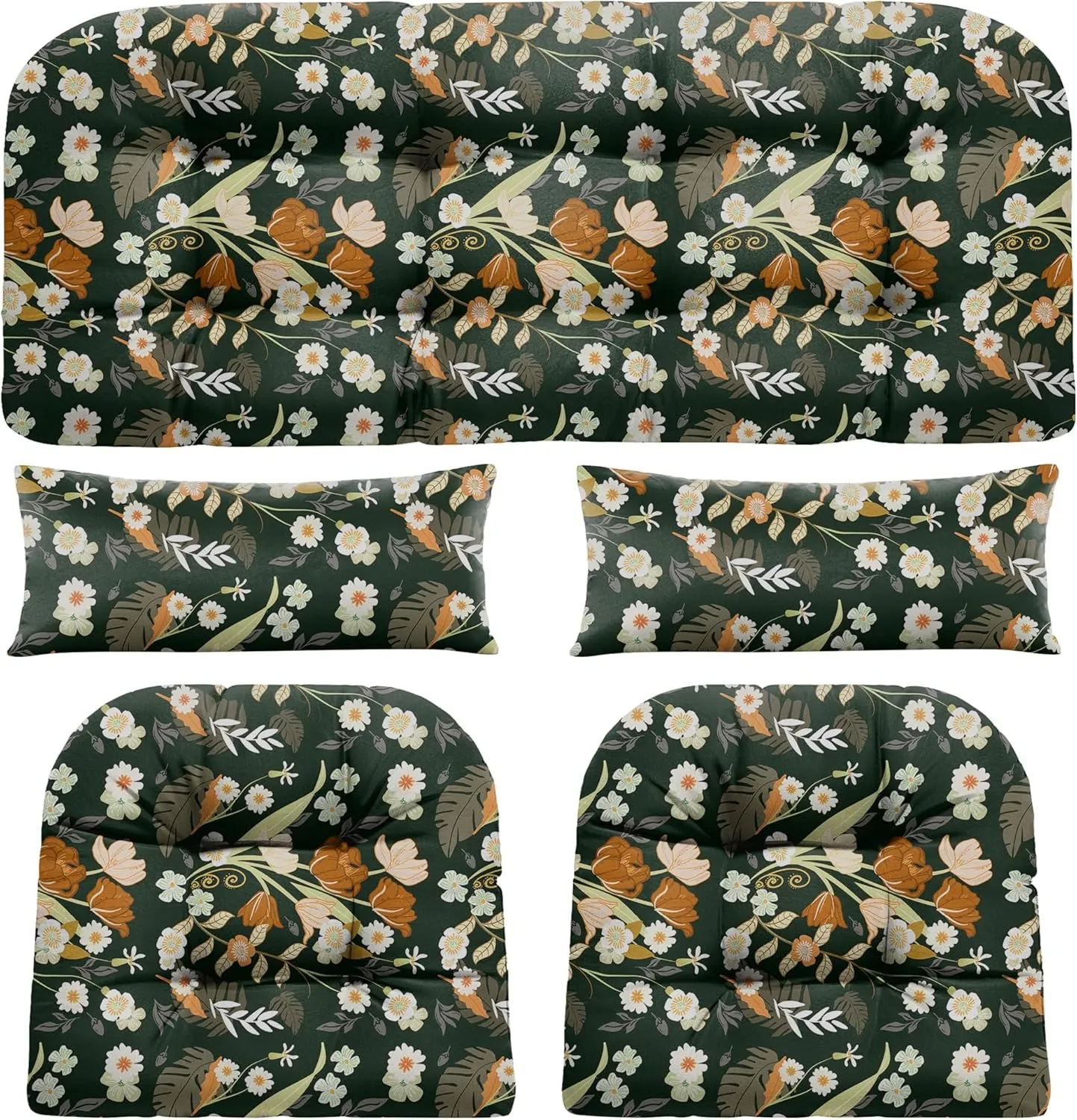 Wicker Chair Cushions of 5 Pieces, Waterproof Outdoor Loveseat Cushion for Wicker Furniture, 1 Love Seat Cushion, 2 U-Shape and 2 Lumbar Pillows for Patio Furniture (Green Flower)