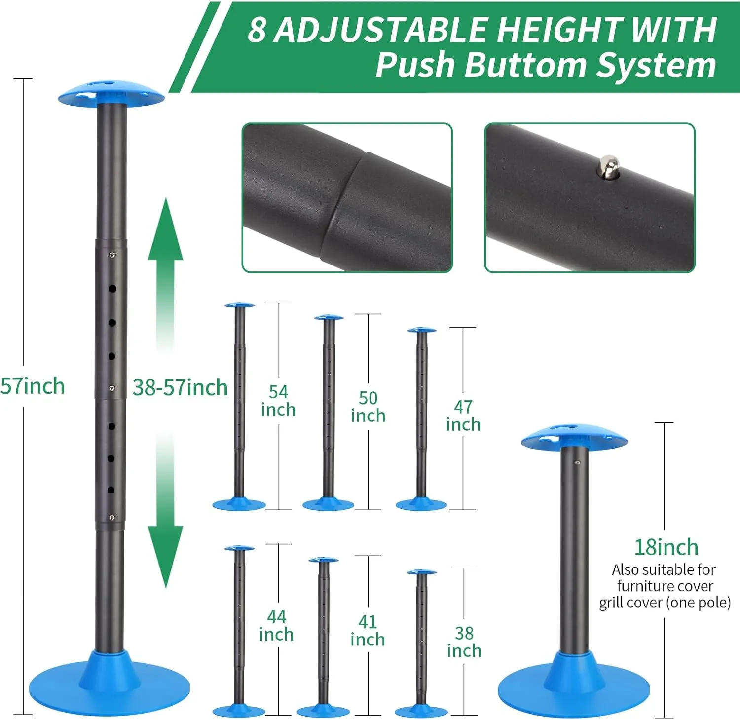 Windproof Boat Cover Support Pole System 2 Pcs with 8 Adjustable Heights Telescoping Steel Furniture Cover Support Poles 18"-57" with Straps Storage Bag