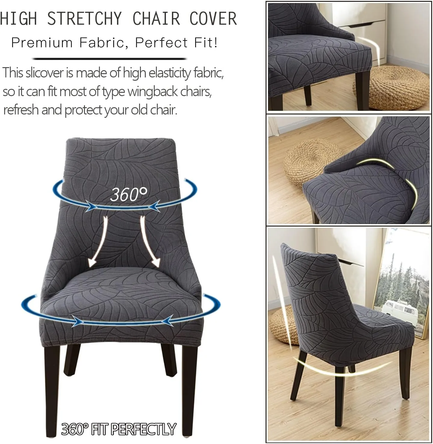 Wingback Side Chair Cover Stretch Dining Chair Covers Slipcovers Reusable Sloping Arm Chair Protector Cover Washable Upholstered Arm Dining Chair Cover for Dining Room Banquet Home Decor(A-dark gray,6