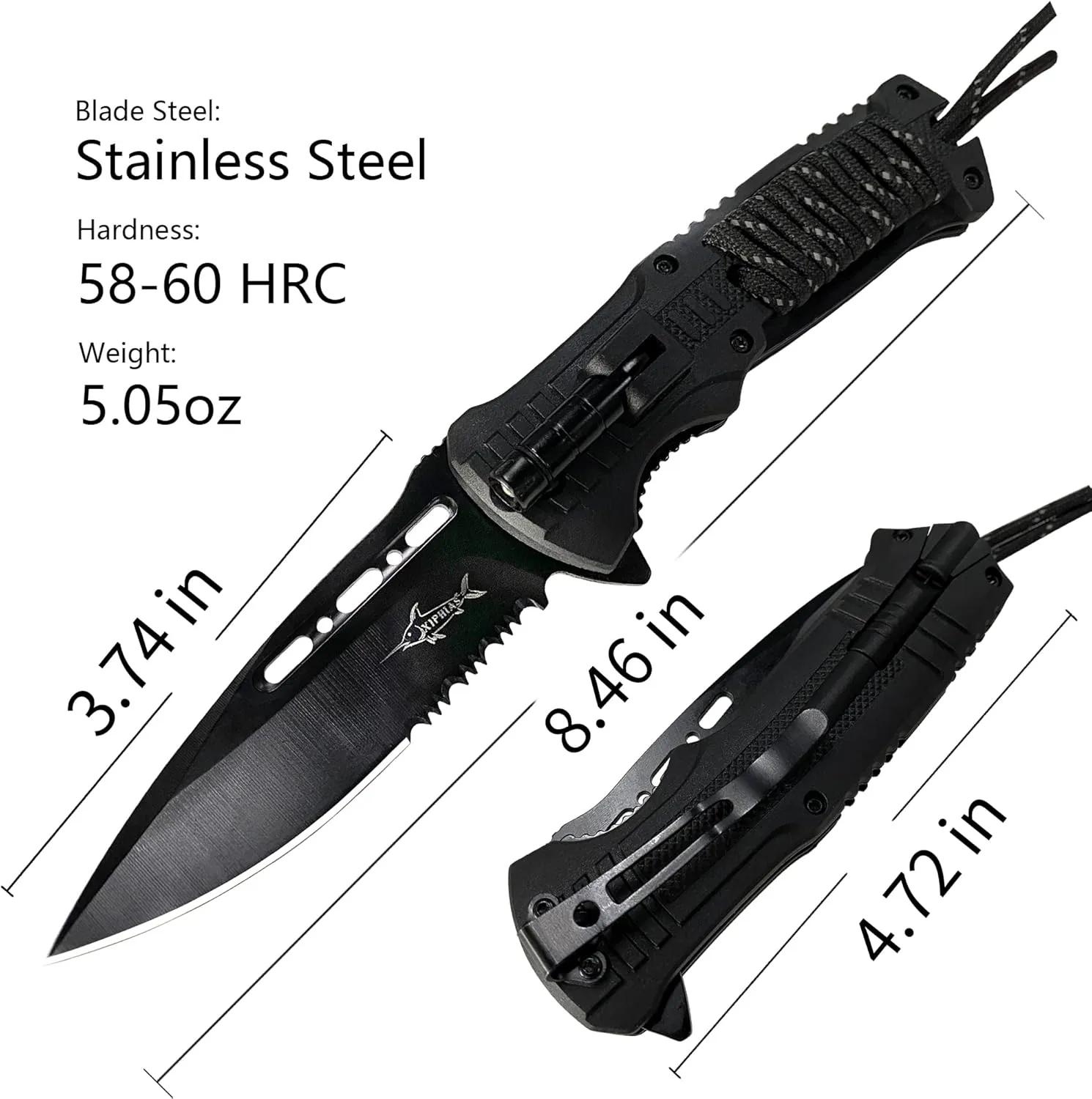XIPHIAS Survival Folding Knife - Stainless Steel Multitool with LED Light, Fire Starter, Whistle & Paracord, Pocket Clip & Nylon Pouch for Camping, Hiking, Hunting - FK039BC-Black