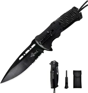 XIPHIAS Survival Folding Knife - Stainless Steel Multitool with LED Light, Fire Starter, Whistle & Paracord, Pocket Clip & Nylon Pouch for Camping, Hiking, Hunting - FK039BC-Black