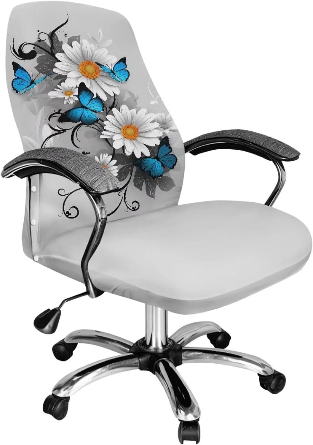 Xoenoiee Blue Butterfly White Daisy Print Office Chair Covers Stretchable Computer Gaming Chair Cover, Universal Desk Chair Covers Removable Rotating Chair Slipcover with Button, Large
