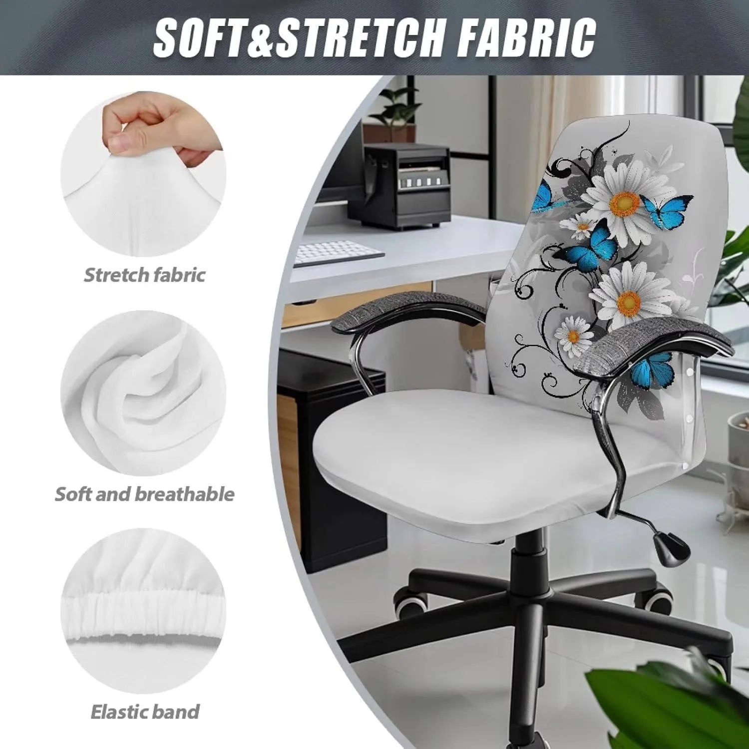Xoenoiee Blue Butterfly White Daisy Print Office Chair Covers Stretchable Computer Gaming Chair Cover, Universal Desk Chair Covers Removable Rotating Chair Slipcover with Button, Large