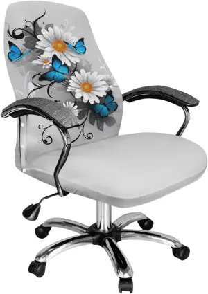 Xoenoiee Blue Butterfly White Daisy Print Office Chair Covers Stretchable Computer Gaming Chair Cover, Universal Desk Chair Covers Removable Rotating Chair Slipcover with Button, Large