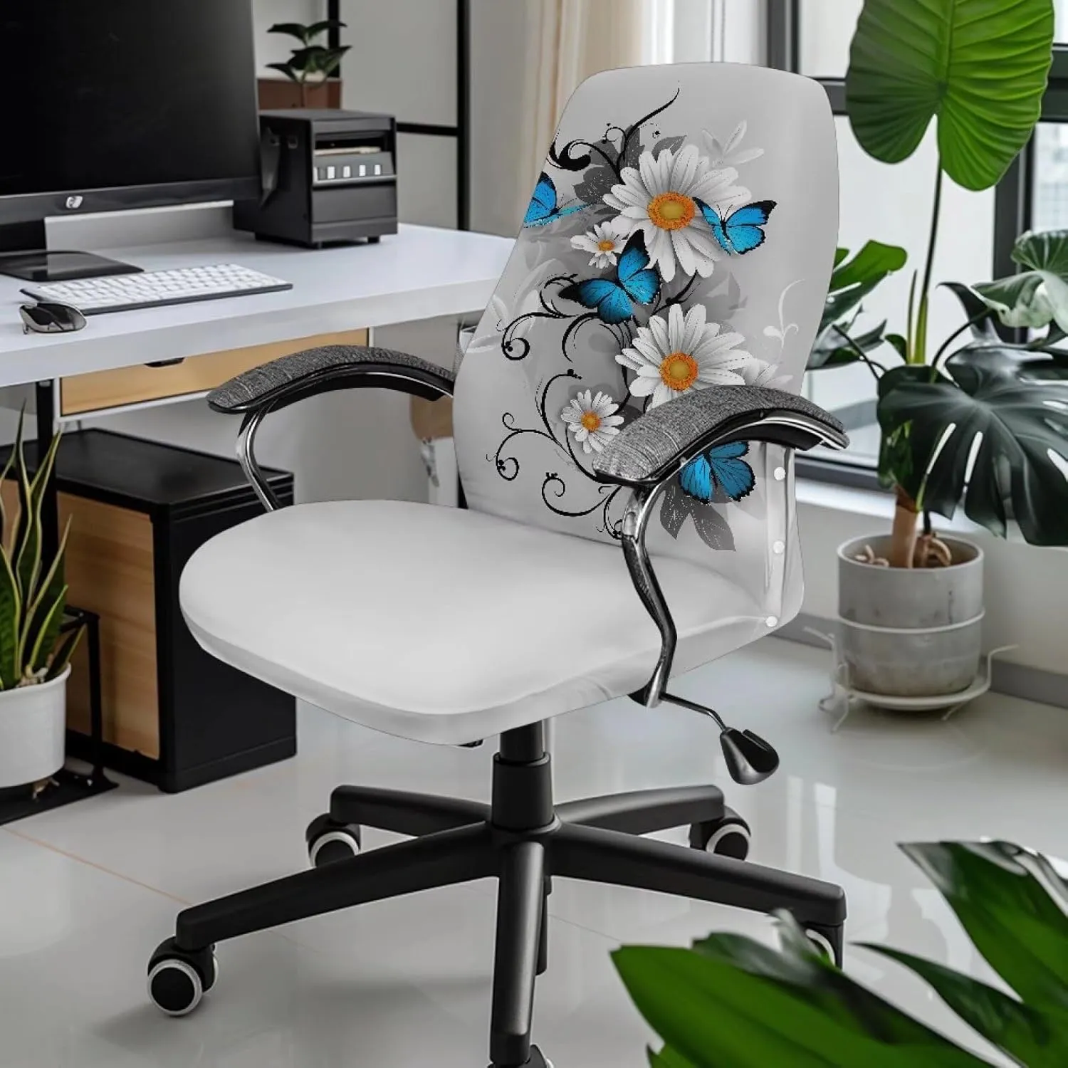 Xoenoiee Blue Butterfly White Daisy Print Office Chair Covers Stretchable Computer Gaming Chair Cover, Universal Desk Chair Covers Removable Rotating Chair Slipcover with Button, Large