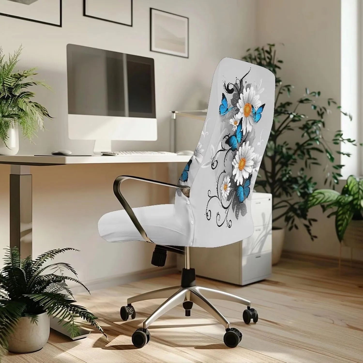 Xoenoiee Blue Butterfly White Daisy Print Office Chair Covers Stretchable Computer Gaming Chair Cover, Universal Desk Chair Covers Removable Rotating Chair Slipcover with Button, Large
