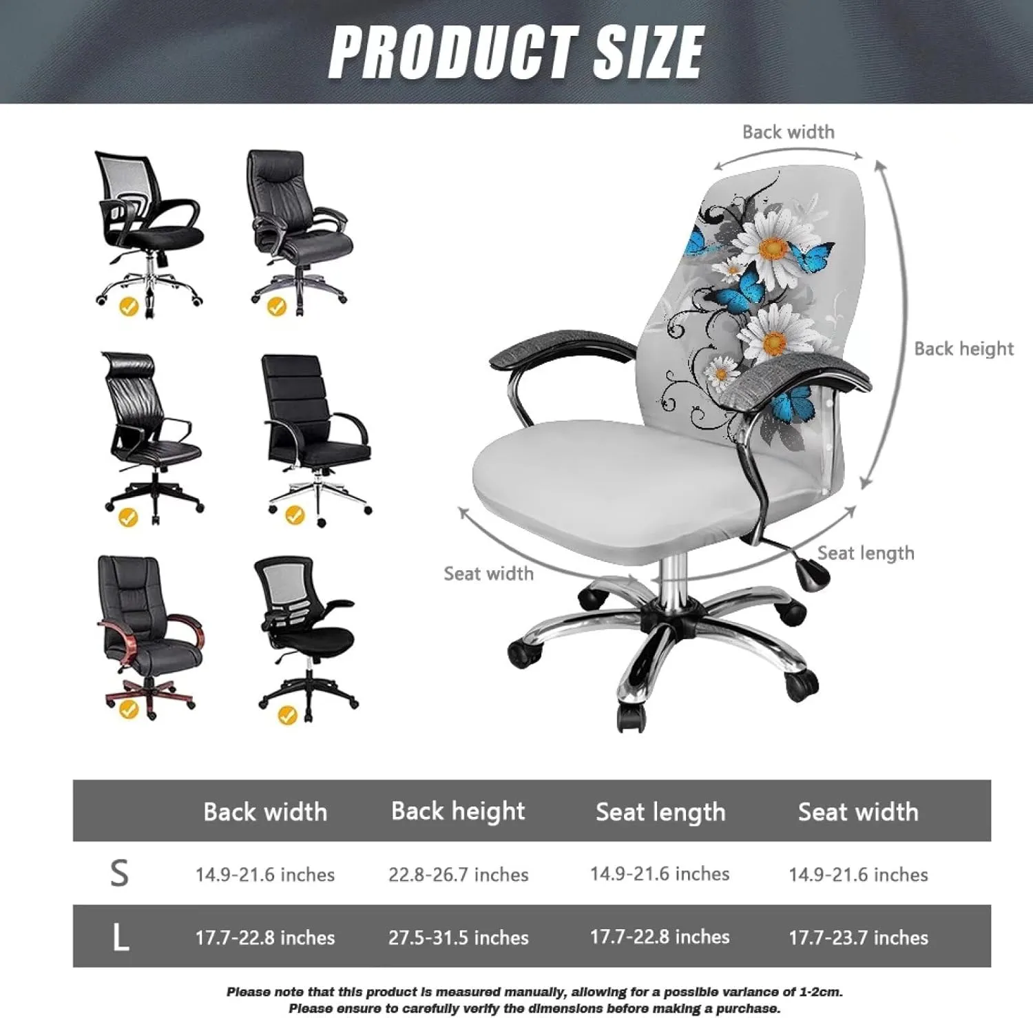 Xoenoiee Blue Butterfly White Daisy Print Office Chair Covers Stretchable Computer Gaming Chair Cover, Universal Desk Chair Covers Removable Rotating Chair Slipcover with Button, Large