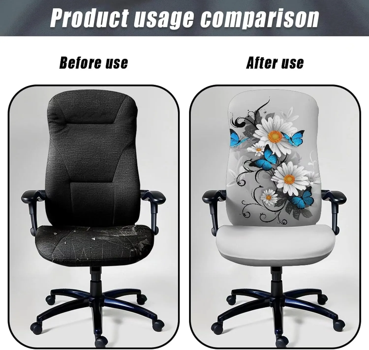Xoenoiee Blue Butterfly White Daisy Print Office Chair Covers Stretchable Computer Gaming Chair Cover, Universal Desk Chair Covers Removable Rotating Chair Slipcover with Button, Large