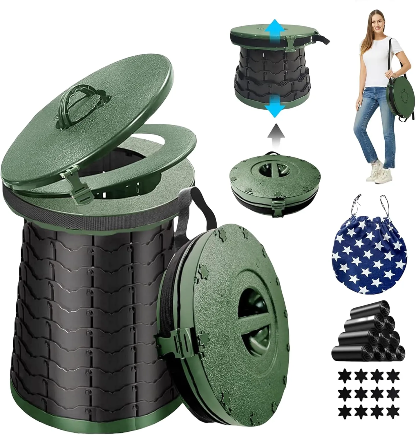 XXL Portable Toilet for Camping,19.7" H Adjustable Folding Toilet with Lid,Carry Bag,Capacity 880lbs,Retractable Portable Potty for Camping,Hiking,Travel,Car,Boat,Tent