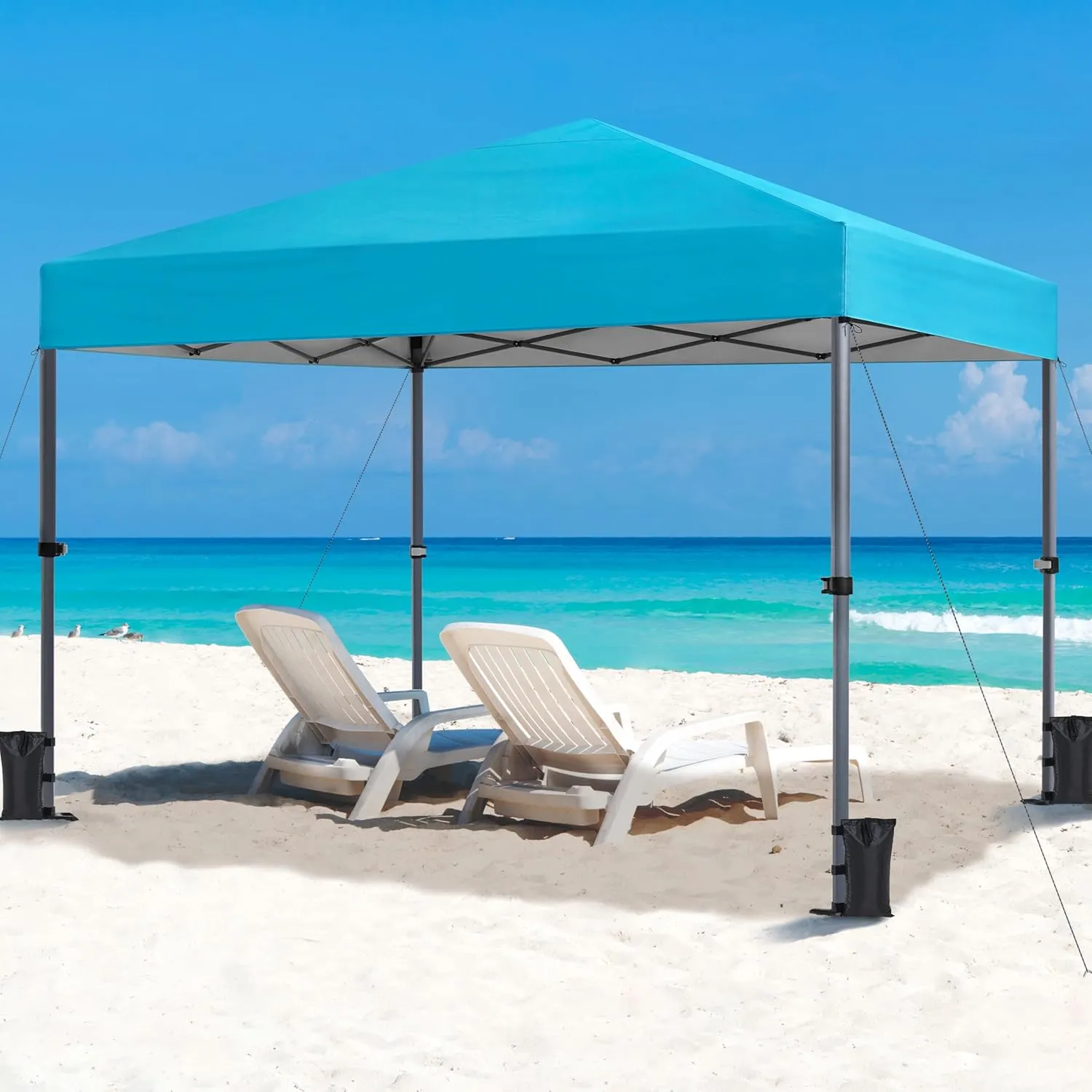 Yaheetech 10x10 1-Person Setup Pop Up Canopy Tent, Instant Portable Commercial Canopy Tent, Outdoor Gazebo with 1-Button Push, Wheeled Bag & 4 Sandbags for Home, Party & Outdoor Activities, Sky Blue