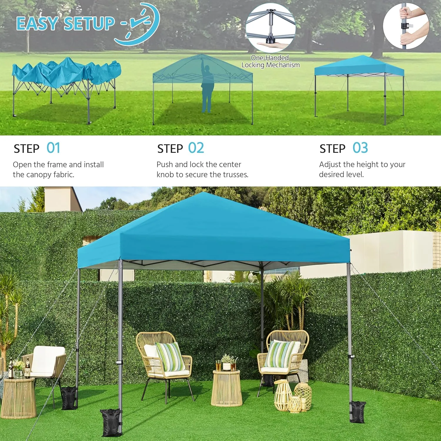 Yaheetech 10x10 1-Person Setup Pop Up Canopy Tent, Instant Portable Commercial Canopy Tent, Outdoor Gazebo with 1-Button Push, Wheeled Bag & 4 Sandbags for Home, Party & Outdoor Activities, Sky Blue