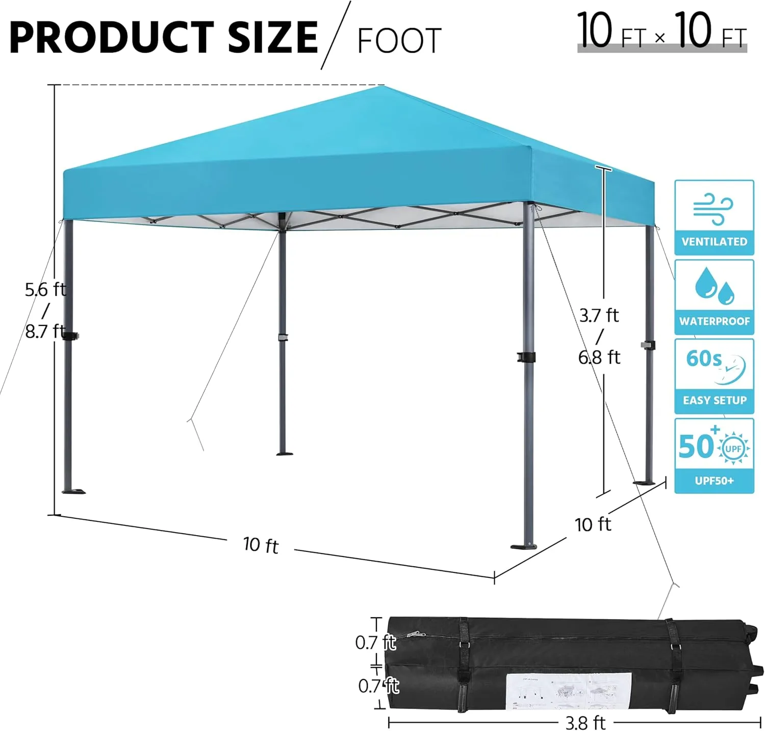 Yaheetech 10x10 1-Person Setup Pop Up Canopy Tent, Instant Portable Commercial Canopy Tent, Outdoor Gazebo with 1-Button Push, Wheeled Bag & 4 Sandbags for Home, Party & Outdoor Activities, Sky Blue