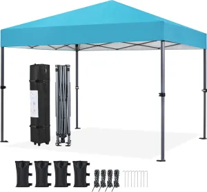 Yaheetech 10x10 1-Person Setup Pop Up Canopy Tent, Instant Portable Commercial Canopy Tent, Outdoor Gazebo with 1-Button Push, Wheeled Bag & 4 Sandbags for Home, Party & Outdoor Activities, Sky Blue