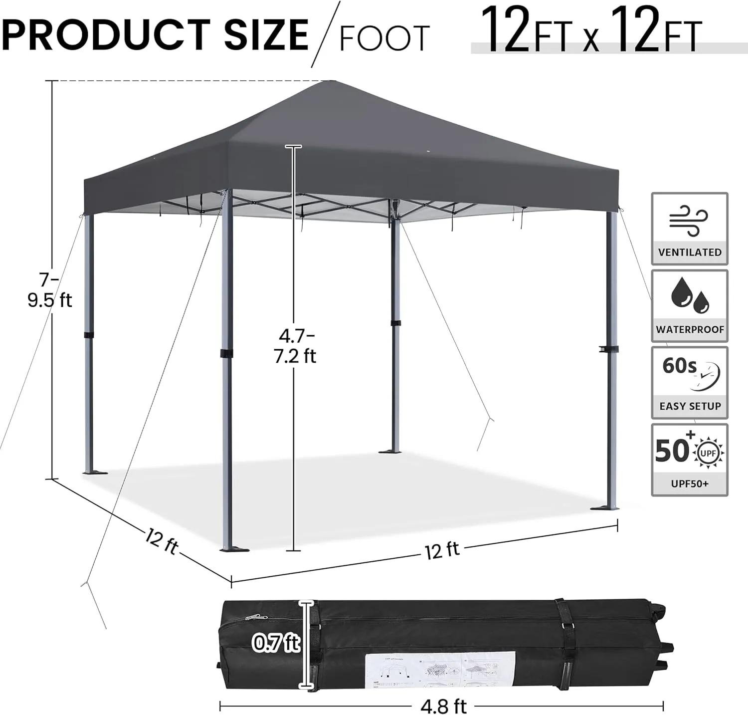 Yaheetech 12x12 Pop Up Canopy Easy Set-up Tent, Portable Outdoor Canopy Instant Tent, Heavy Duty Commercial Gazebo with Wheeled Carry Bag & 4 Sandbags for Home, Party & Outdoor Activities, Dark Gray