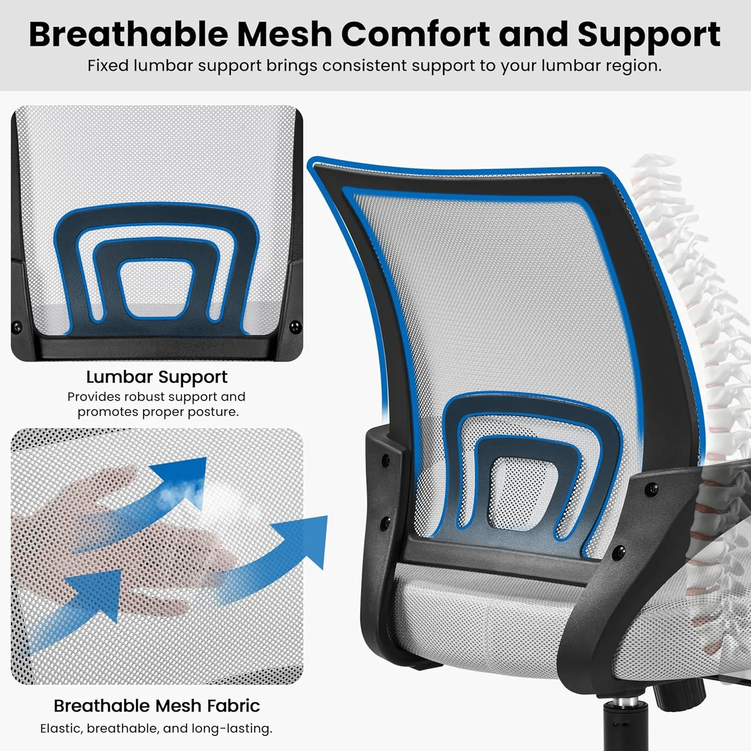 Yaheetech Ergonomic Office Chair Mid Back Computer Chair Mesh Desk Chair with Lumbar Support Armrest Executive Rolling Swivel Adjustable Task Chair for Adults, Grey