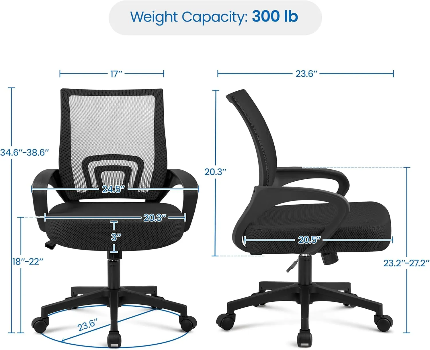 Yaheetech Office Chair Mid Back Swivel Lumbar Support Desk Chair, Height Adjustable Computer Ergonomic Mesh Chair with Armrest Black, 2-Pack