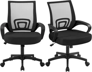 Yaheetech Office Chair Mid Back Swivel Lumbar Support Desk Chair, Height Adjustable Computer Ergonomic Mesh Chair with Armrest Black, 2-Pack
