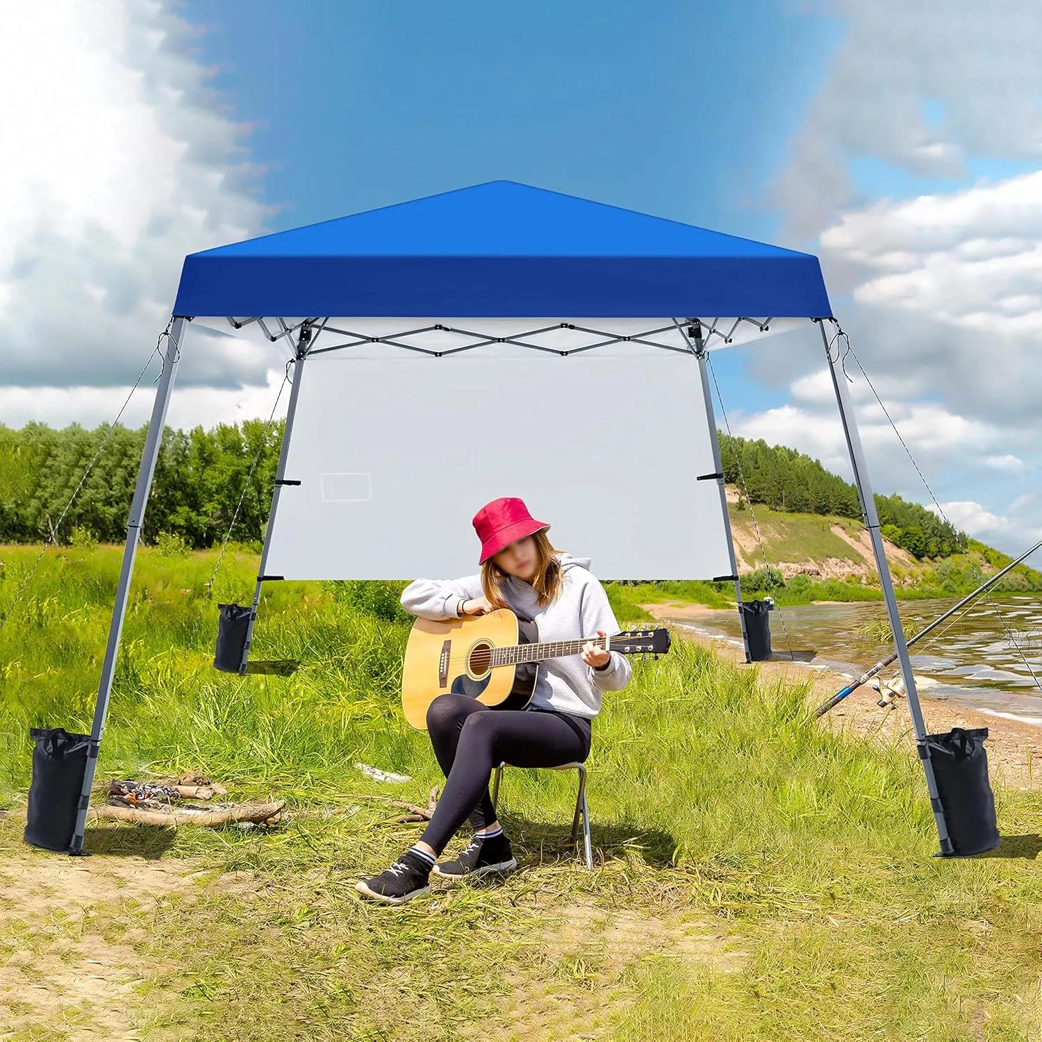 Yaheetech Pop Up Canopy Tent with Backpack, 10x10 Base Portable Easy One Person Setup Folding Shelter Compact Lightweight Slant Leg Canopy with 1 Sidewall, 8x8 Top, Blue