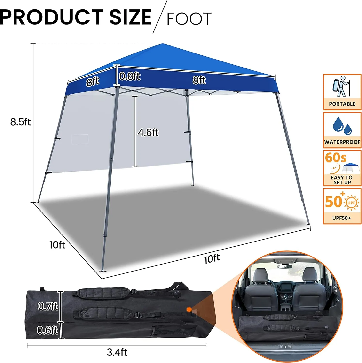 Yaheetech Pop Up Canopy Tent with Backpack, 10x10 Base Portable Easy One Person Setup Folding Shelter Compact Lightweight Slant Leg Canopy with 1 Sidewall, 8x8 Top, Blue