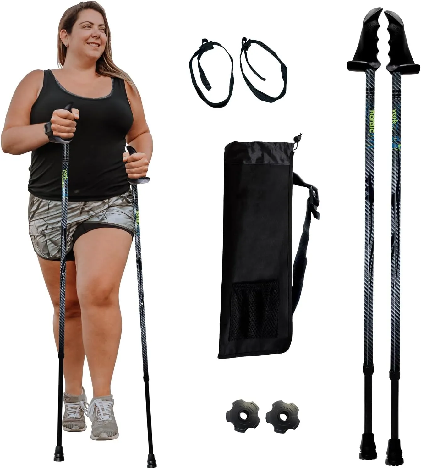 York Nordic Big and Tall Motivator Walking Poles for Balance and Rehab - 2 Pieces - Strong Push Button Locks, Detachable Rubber Feet, Travel Bag - for Heights 4' up to 7' feet and Weights up to 500lbs