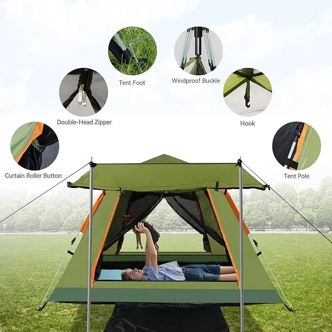 YUSING Instant Tents for Camping Pop Up Tent, Family Camping Tent for 4 Person, Pop Up Tent with Vestibule and Mesh Windows, UPF 50 